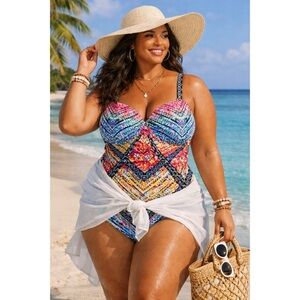 SWIMSUITS FOR ALL Colorful Boho Print Swimsuit